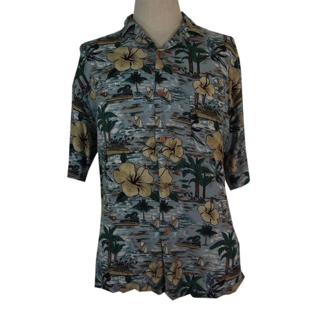 Palmland Tropics shirt men's large floral blue short sleeve Aloha Camp Hawaiian